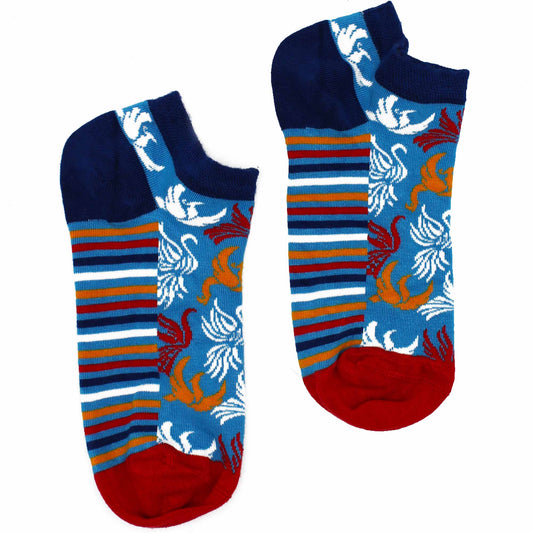 Two ankle socks, patterned with stylized birds and stripes in blue, red, white, and orange, rest on a white background.