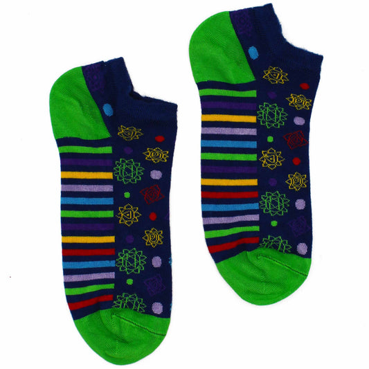 Two ankle socks, patterned with multicolored stripes and geometric designs, rest on a white background.