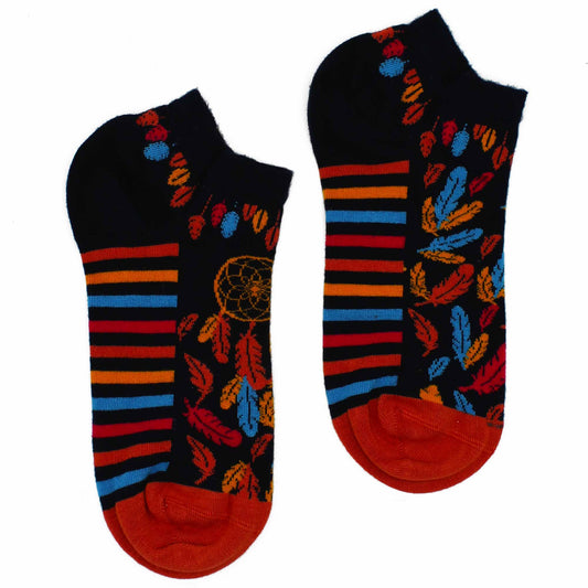 A pair of ankle socks, patterned with stripes and feathers, lies on a white background.