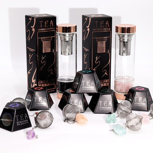 Glass tea infuser bottles with copper lids contain metal strainers, surrounded by hexagonal boxes labeled "TEA Infuser Bottle" and "TEA STRAINER with gemstone," alongside various gemstone tea strainers.