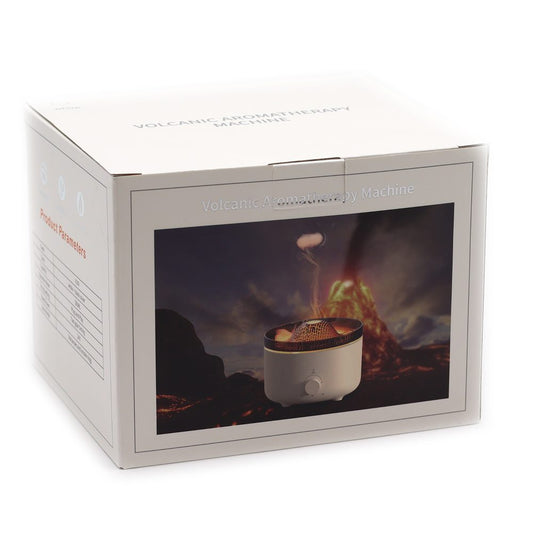 A white box labeled "Volcanic Aromatherapy Machine" showcases the machine's image. The image depicts the machine emitting vapor with a volcano backdrop. "Product Parameters" is also listed on the box.