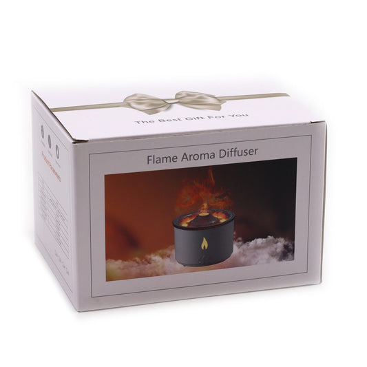 A gift box with a tan ribbon displays "The Best Gift For You" and "Flame Aroma Diffuser" above a picture of the diffuser with flames, amidst a white background.
