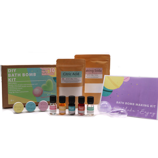 DIY Bath Bomb Kit includes ingredients like citric acid and baking soda, essential oils, molds, and instructions. Packaging has vibrant colors and text: "Create up to 10 bath bombs" and "Make · Enjoy."