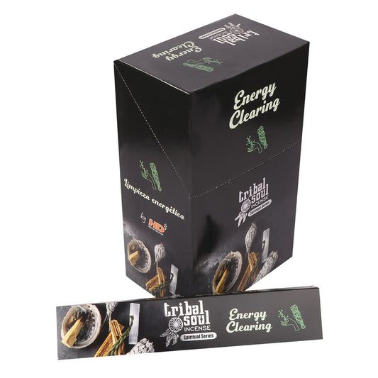 A black box labeled "Tribal Soul Incense Spiritual Series" and "Energy Clearing" contains incense sticks. It features images of incense sticks and sage, emphasizing energy cleansing themes.