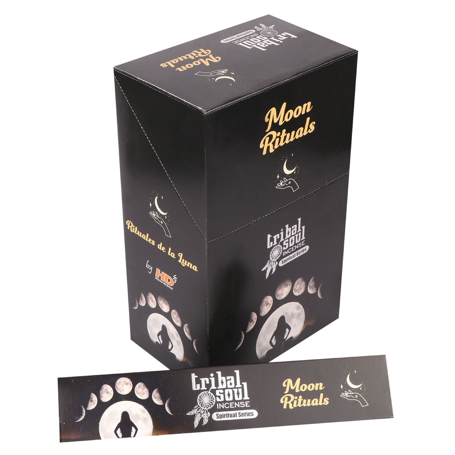 A tall, black box displays "Moon Rituals" with a crescent moon and hand graphic. "Tribal Soul Incense Spiritual Series" and "Rituales de la Luna by H.D." text featured, alongside moon phase images.