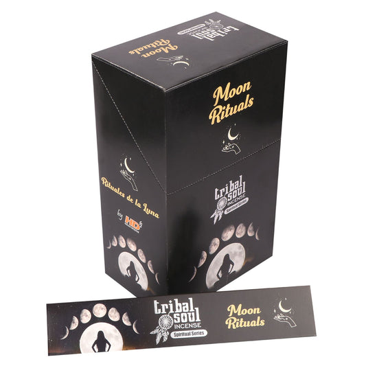 A tall, black box displays "Moon Rituals" with a crescent moon and hand graphic. "Tribal Soul Incense Spiritual Series" and "Rituales de la Luna by H.D." text featured, alongside moon phase images.