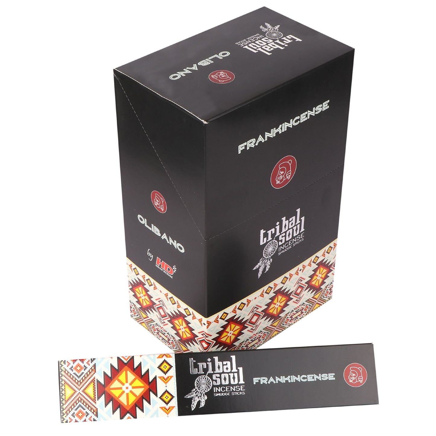 Box displaying "Tribal Soul Incense" with vibrant geometric patterns. Text includes "FRANKINCENSE," "OLIBANO," and "by H.D." The design suggests cultural or traditional themes.