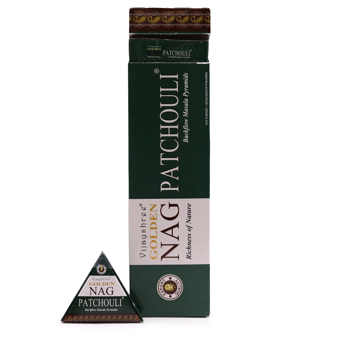 A green box and triangular packet of "Vijayshree Golden Nag Patchouli" incense are displayed. Text includes: "Backflow Masala Pyramids," "Richness of Nature," "Export Quality," and "15 Pyramids - 19.8g."