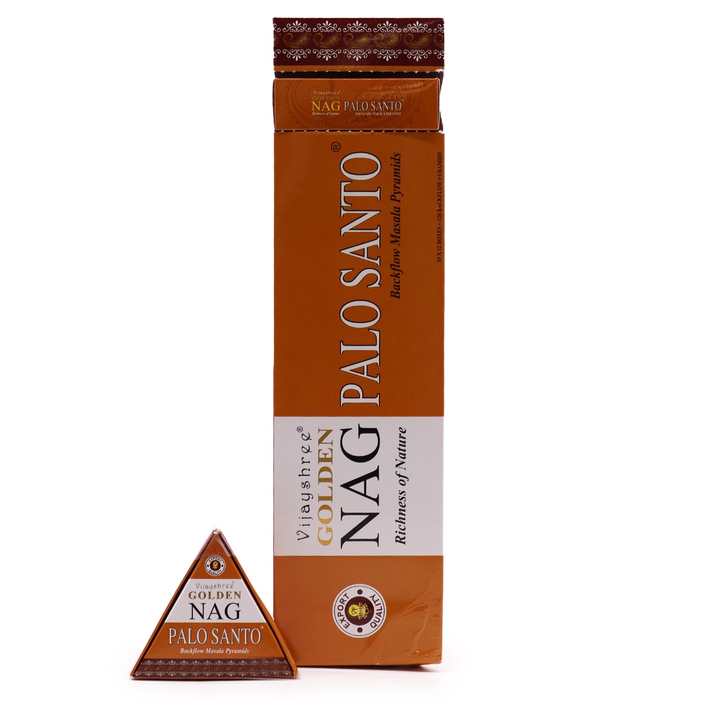 Box of Golden Nag Palo Santo incense pyramids stands upright. A smaller, triangular package lies in front. Text reads: "Vijayshree Golden Nag Palo Santo, Backflow Masala Pyramids, Richness of Nature."