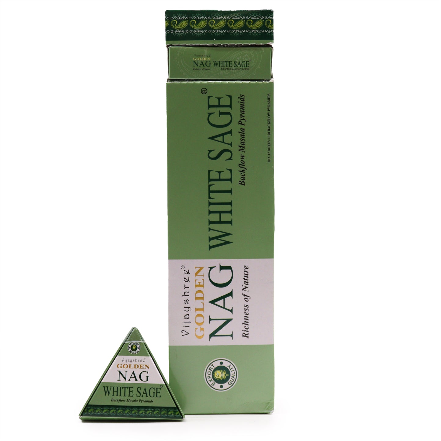 A large rectangular box labeled "Golden Nag White Sage" stands upright with a smaller triangular box beside it. Both are green and feature the text "Vijayshree" and "Richness of Nature."