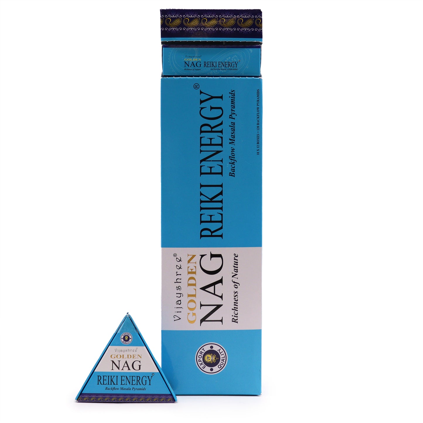 A blue rectangular box with a triangular package nearby reads "Vijayshree Golden Nag Reiki Energy Backflow Masala Pyramids, Richness of Nature." It features an "Export Quality" seal.