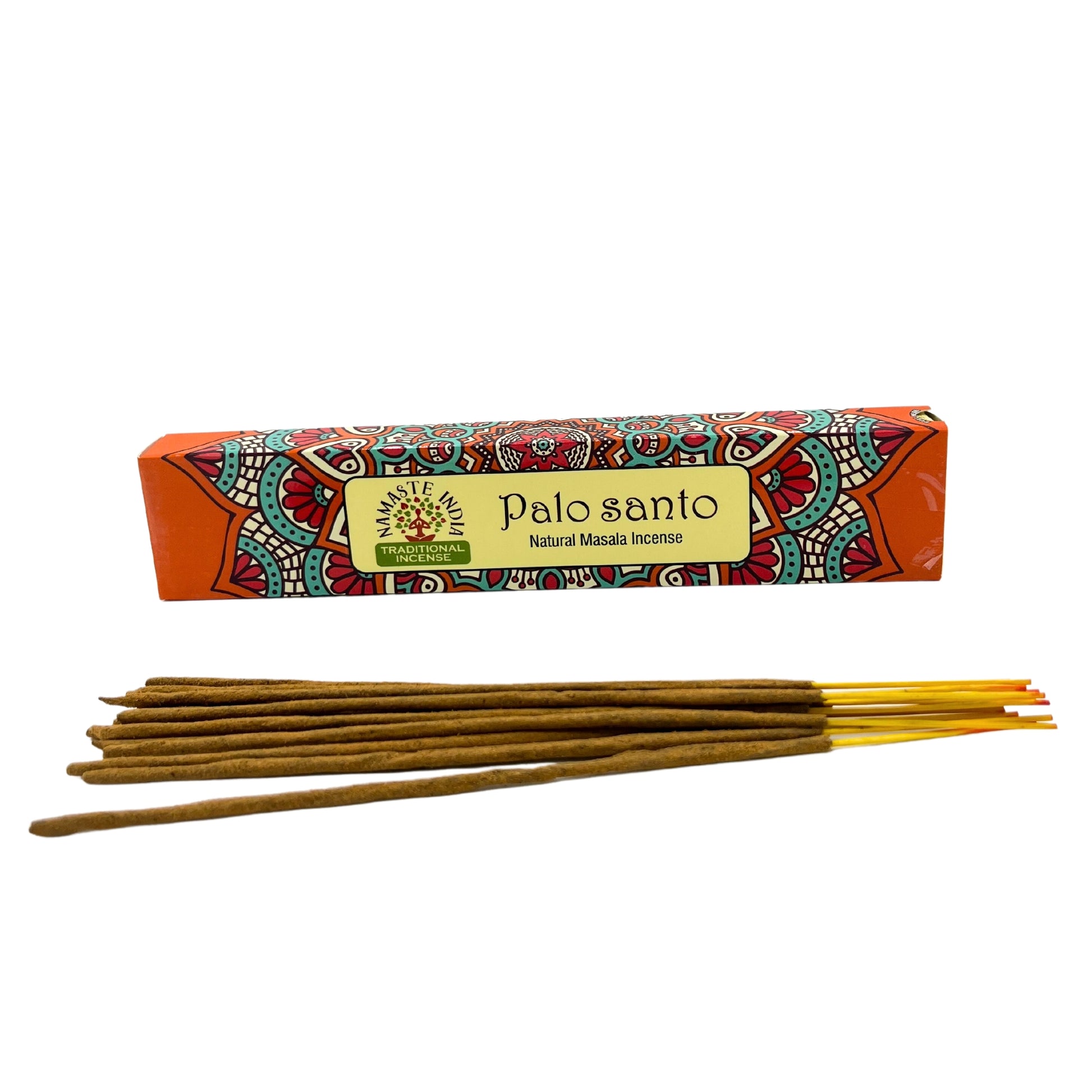 Box of "palo santo" incense sticks, lying beside it. The box features colorful, intricate patterns and text: "Namaste India Traditional Incense." The background is plain white.