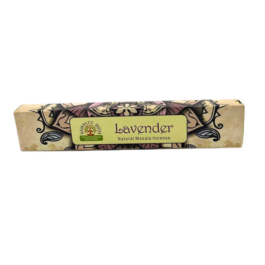 A rectangular box labeled "Lavender Natural Masala Incense" with floral patterns and a "Namaste India Traditional Incense" logo, set against a plain white background.