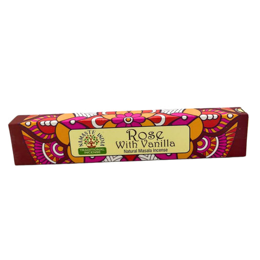 A rectangular incense box labeled "Rose with Vanilla Natural Masala Incense" features vibrant floral patterns. The "Namaste India Traditional Incense" logo is depicted in a circular emblem.