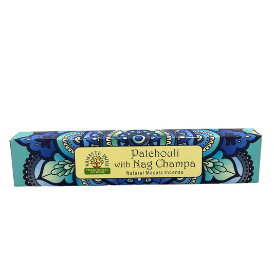 Box of incense labeled "Patchouli with Nag Champa Natural Masala Incense" from "Namaste India." The box features a colorful blue and green mandala design, emphasizing traditional themes.