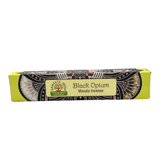 A rectangular box labeled "Black Opium Masala Incense" with colorful, intricate patterns surrounds the text. The Namaste India logo reads "TRADITIONAL INCENSE" on a green background.