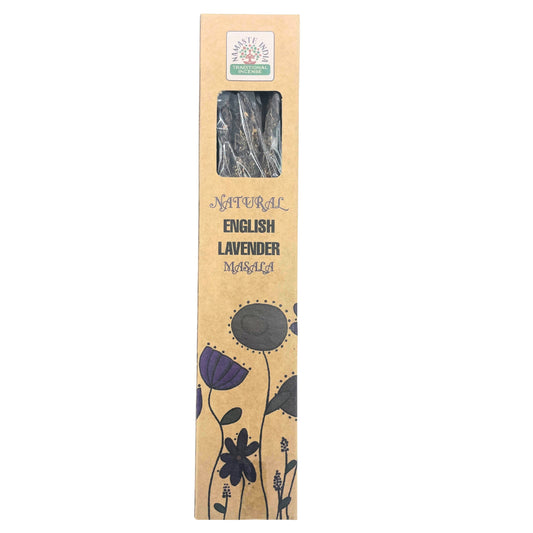 Box of incense sticks visible through a window, labeled "NATURAL ENGLISH LAVENDER MASALA" with floral illustrations. Logo at top reads "NAMASTE INDIA TRADITIONAL INCENSE."
