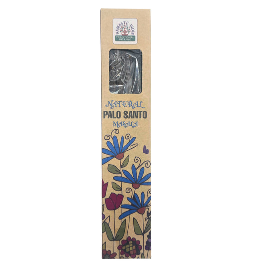 Incense box labeled "NAMASTE INDIA TRADITIONAL INCENSE." Contains "NATURAL PALO SANTO MASALA." Features window showing contents, surrounded by colorful floral illustrations.