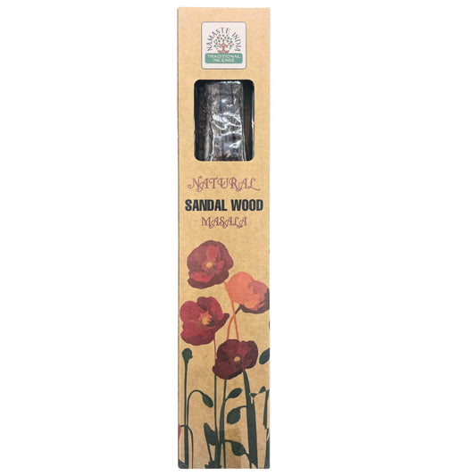 Incense package labeled “NAMASTE INDIA TRADITIONAL INCENSE.” It displays a window showing incense sticks. Text reads “NATURAL SANDALWOOD MASALA,” with red flowers illustrated at the bottom.
