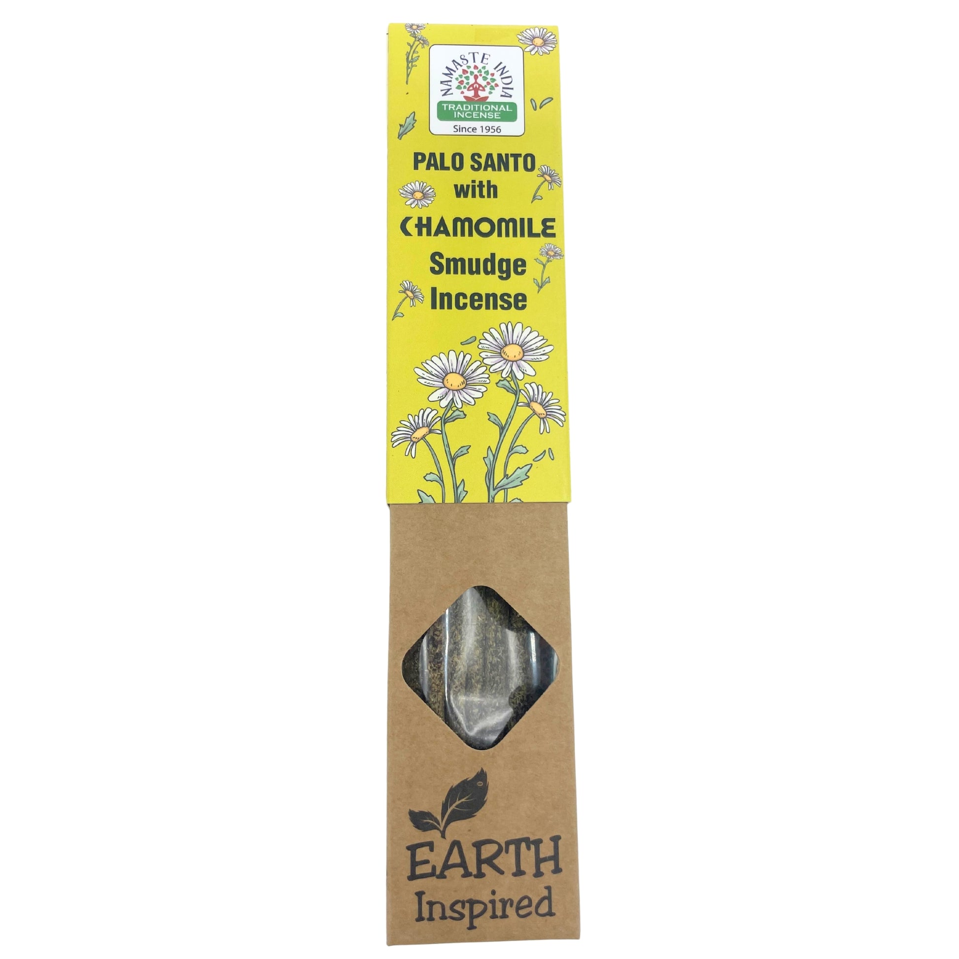 Package containing Palo Santo and chamomile smudge incense, displayed through a window. "EARTH Inspired," "PALO SANTO with CHAMOMILE Smudge Incense," and "Namaste India, Traditional Incense, Since 1956" are printed.