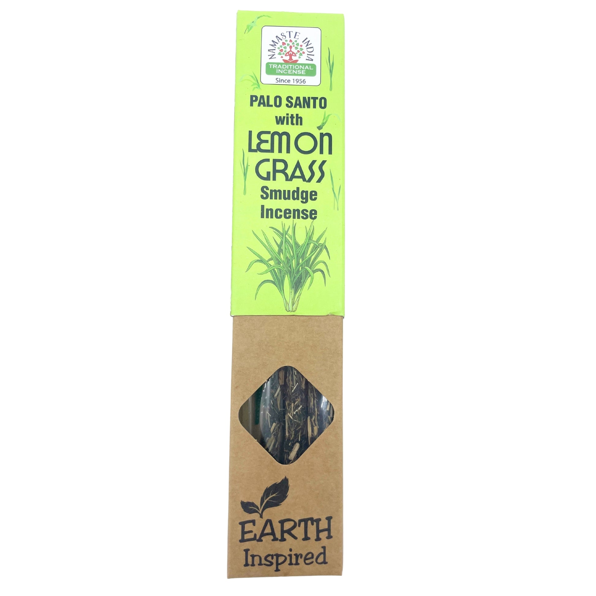 Package of incense sits upright. The label reads "Palo Santo with Lemon Grass Smudge Incense," "Earth Inspired," and "Namaste India Traditional Incense Since 1956." It features green plants and a window.