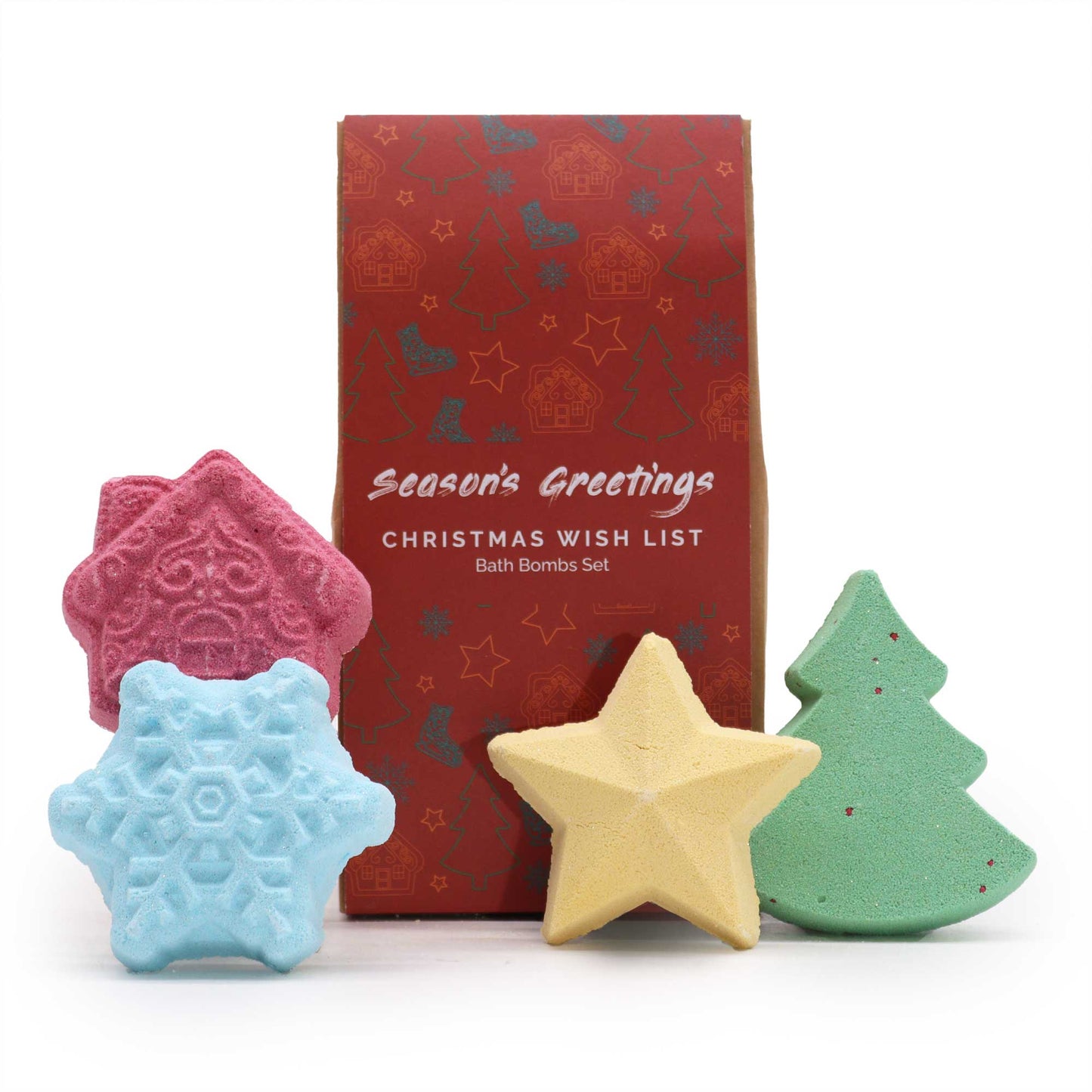 Four festive bath bombs, shaped like a star, tree, snowflake, and house, are displayed before a red box labeled "Season's Greetings Christmas Wish List Bath Bombs Set" with holiday icons.