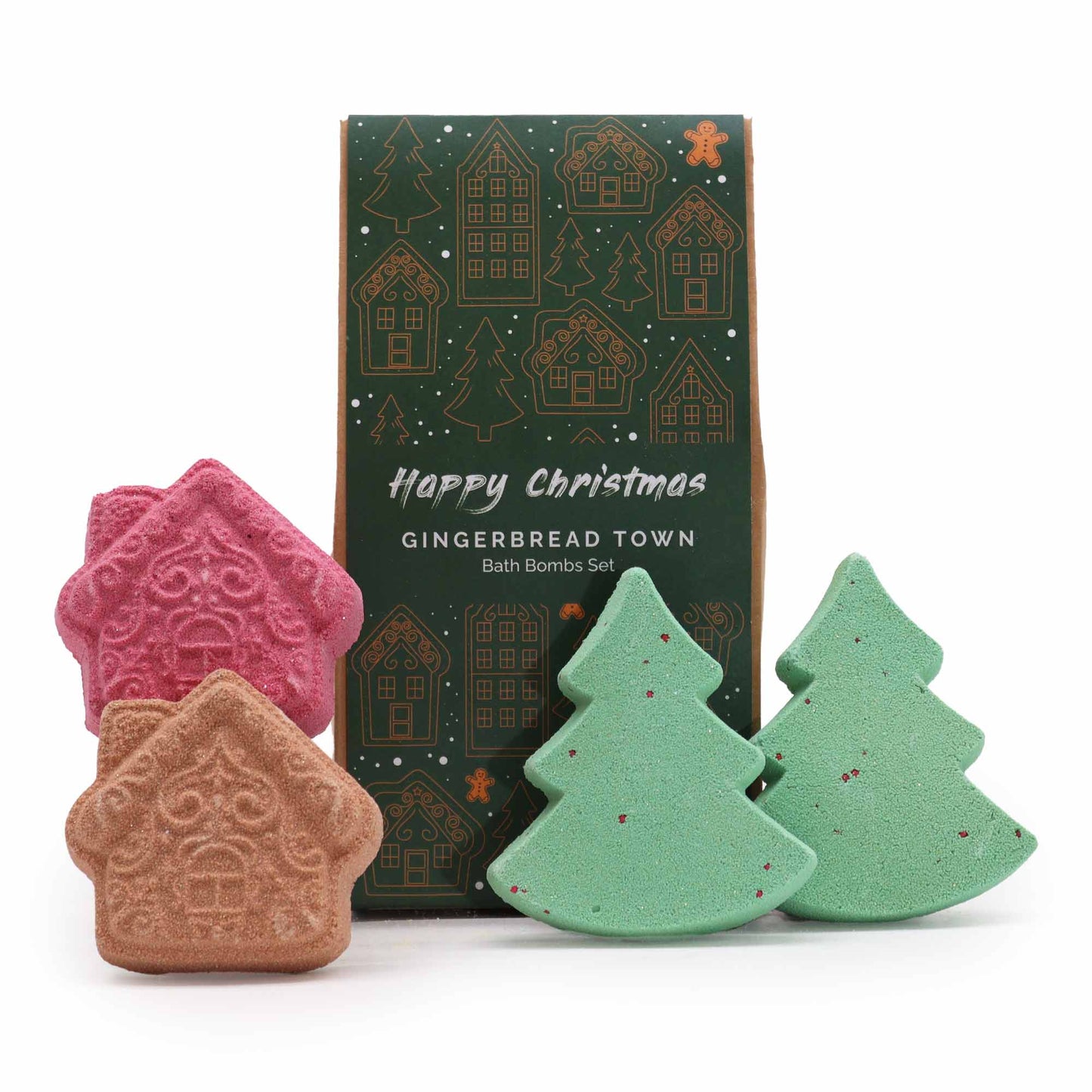 A set of bath bombs shaped like houses and trees is placed in front of a decorative box. The box reads, "Happy Christmas, Gingerbread Town Bath Bombs Set," with festive illustrations.