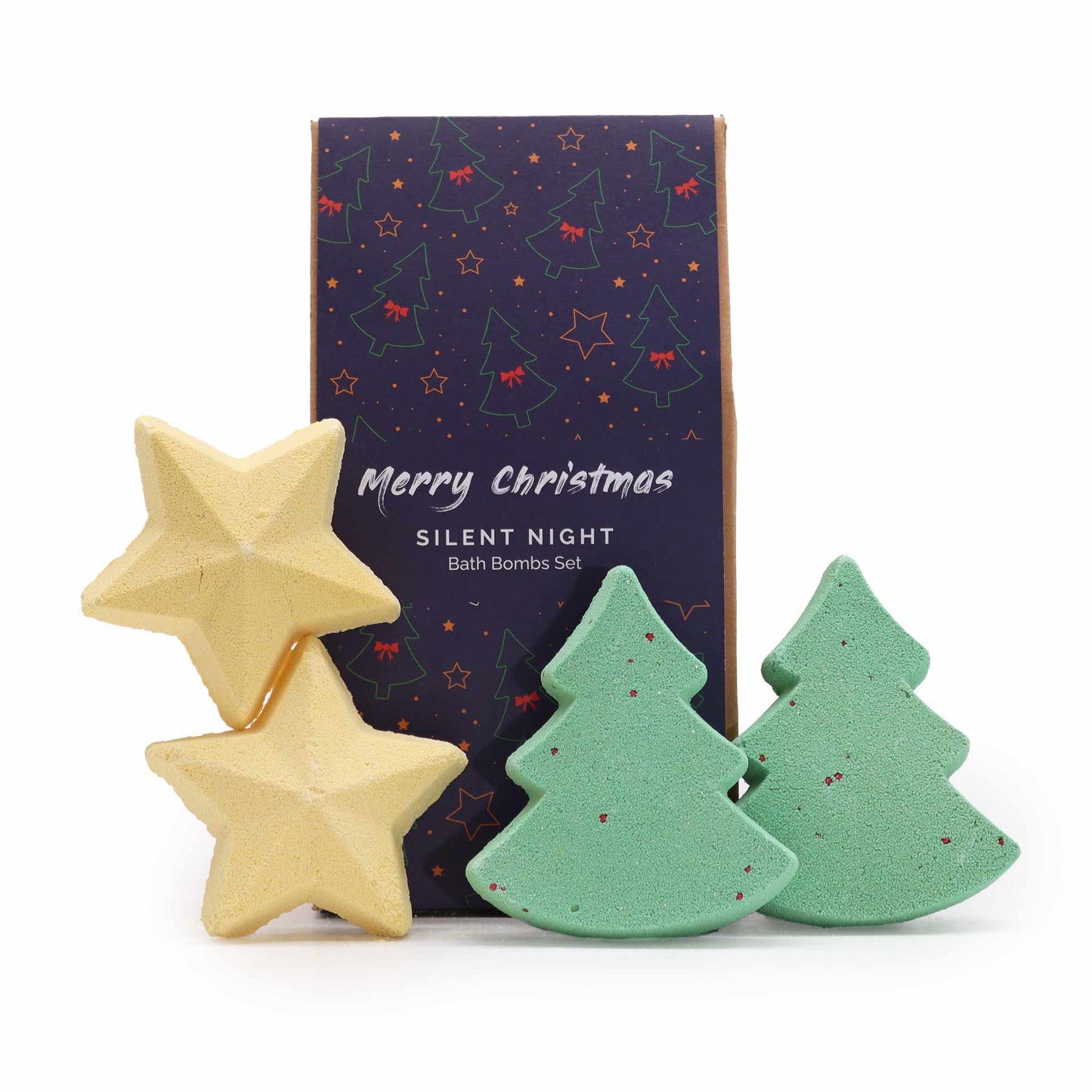 Two star-shaped and two tree-shaped bath bombs are arranged in front of a box. Text reads: “Merry Christmas, Silent Night Bath Bombs Set.” Box features tree and star designs.