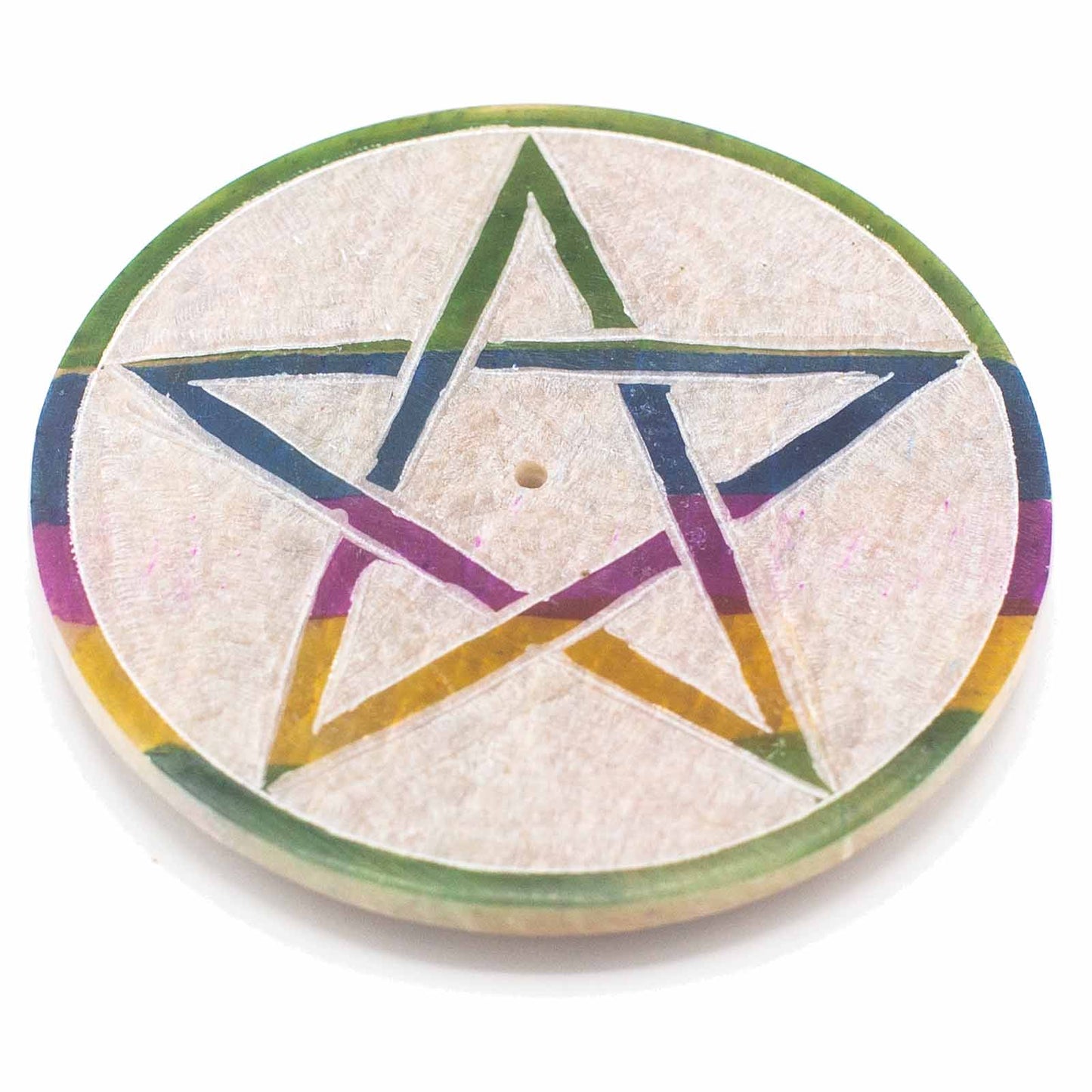Soapstone Disc Incense Holder 8cm - Pentagram