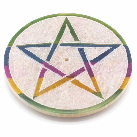 Wooden disc engraved with a colorful, interwoven pentagram. The star features green, blue, yellow, and purple segments, surrounded by a circular border in similar hues. Placed on a white background.