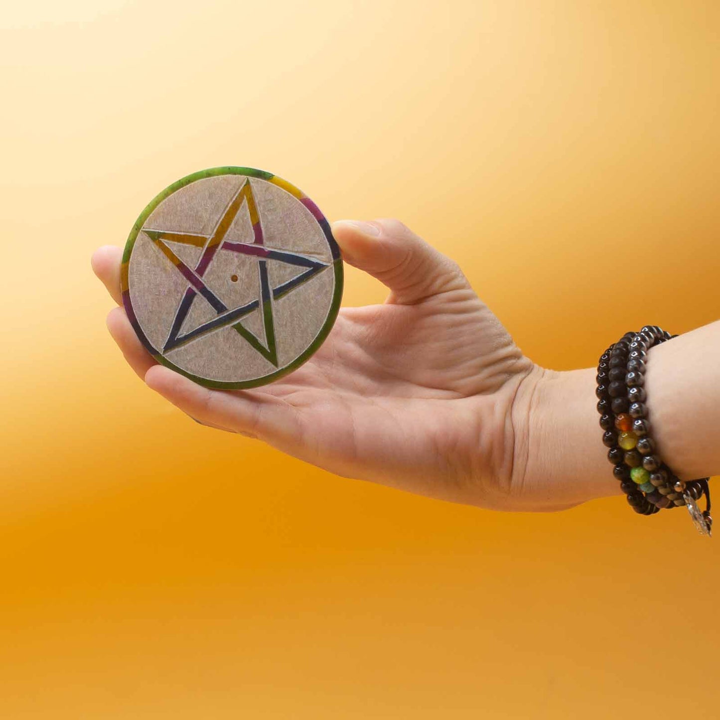Soapstone Disc Incense Holder 8cm - Pentagram