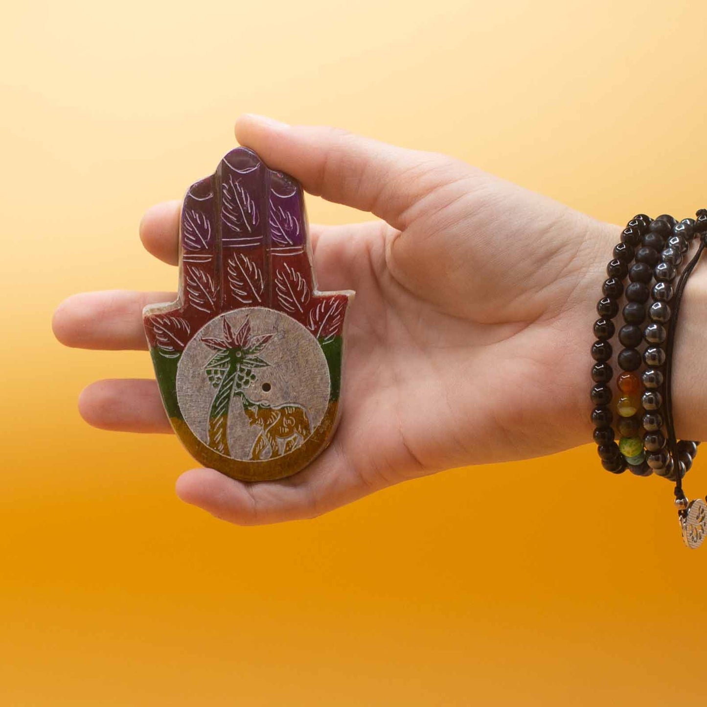 Soapstone Hamsa Incense Holder 9x6cm - Elephant and Palm