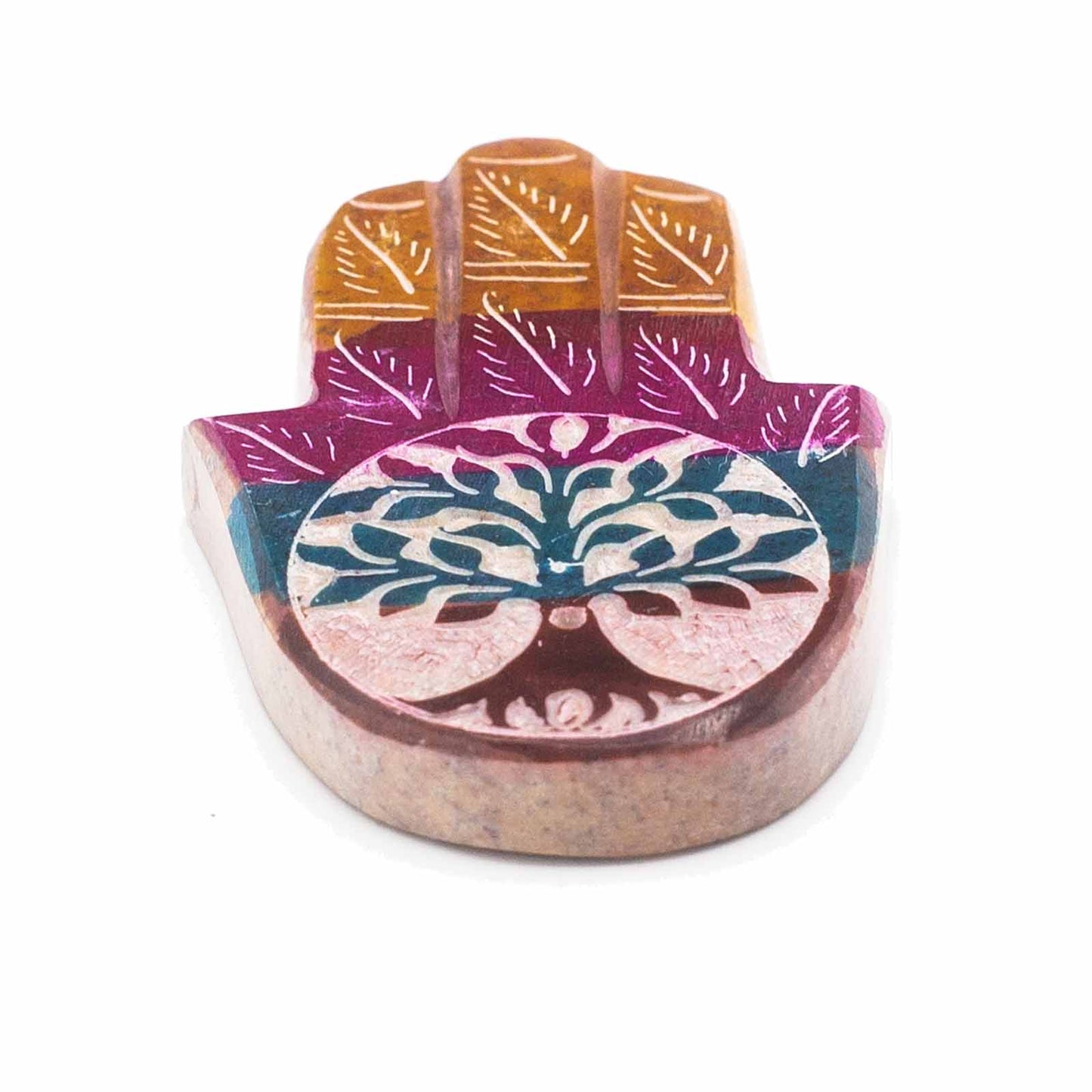A hand-shaped, multicolored decorative object features embossed leaf patterns and a central tree design, set against a white background.