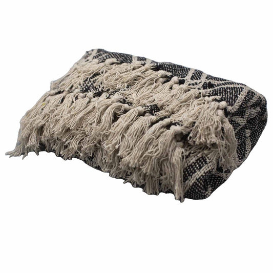 A black and beige patterned throw blanket with long tassels rests on a white background.