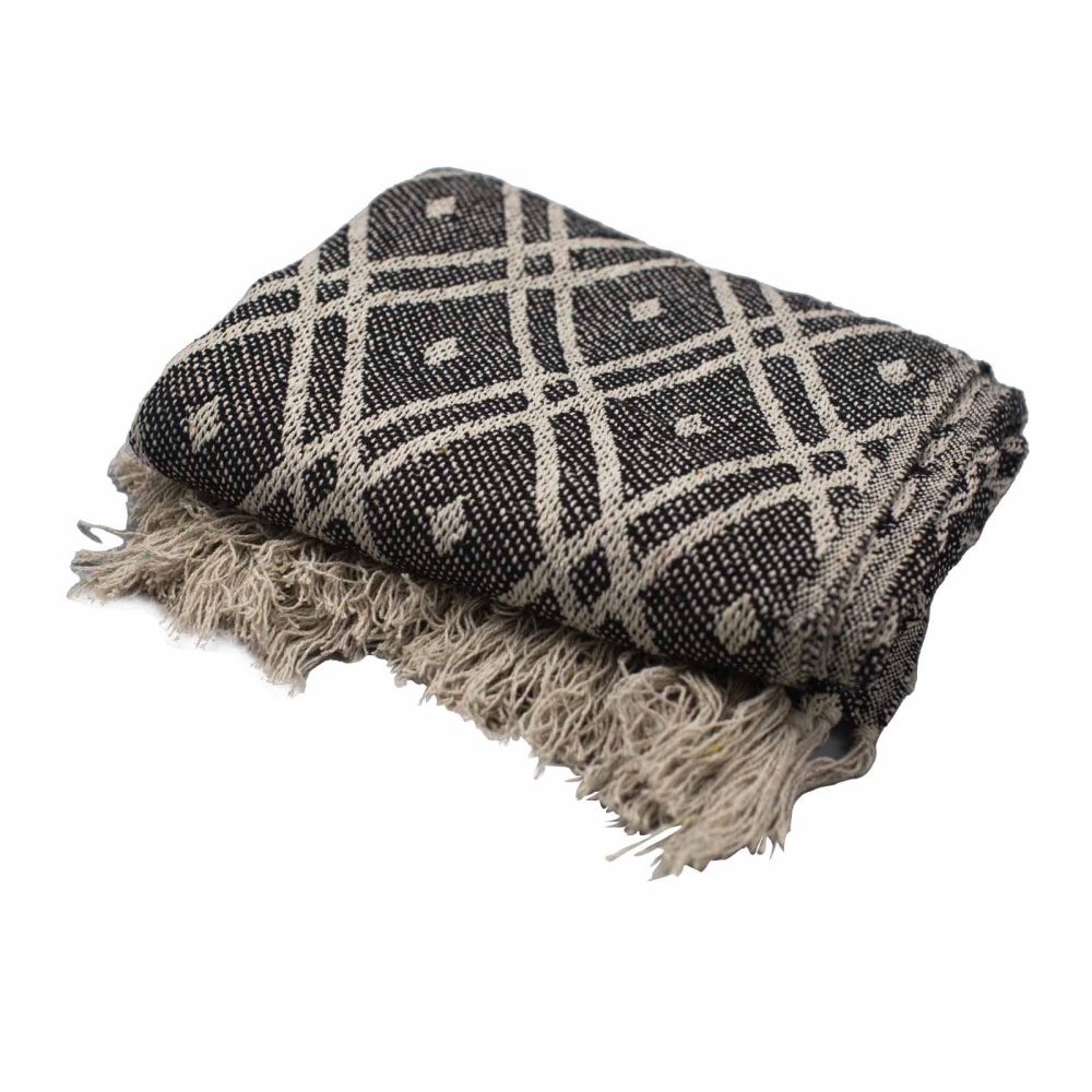 A black and beige patterned throw blanket, folded, with a fringe, rests on a white background.