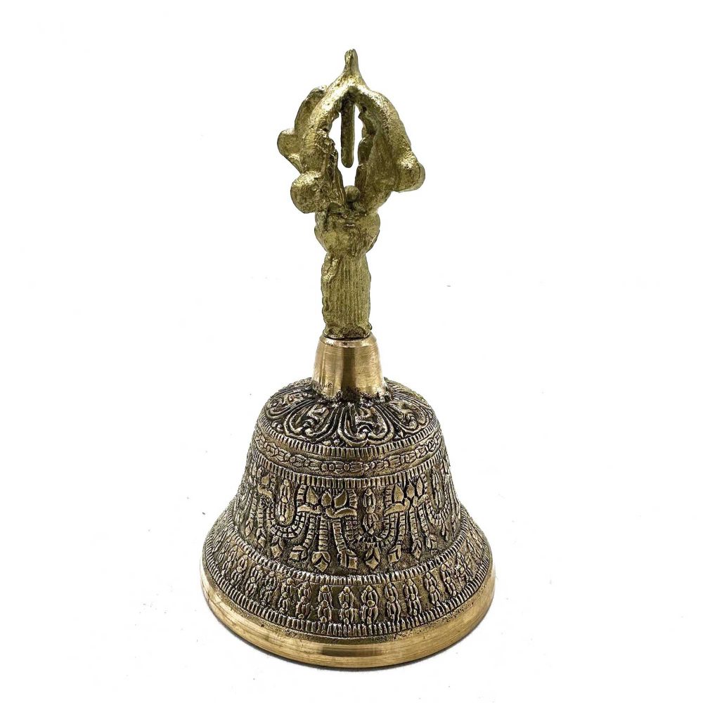 An intricately designed bronze hand bell with ornate carvings and a decorative handle, standing on a plain white background.