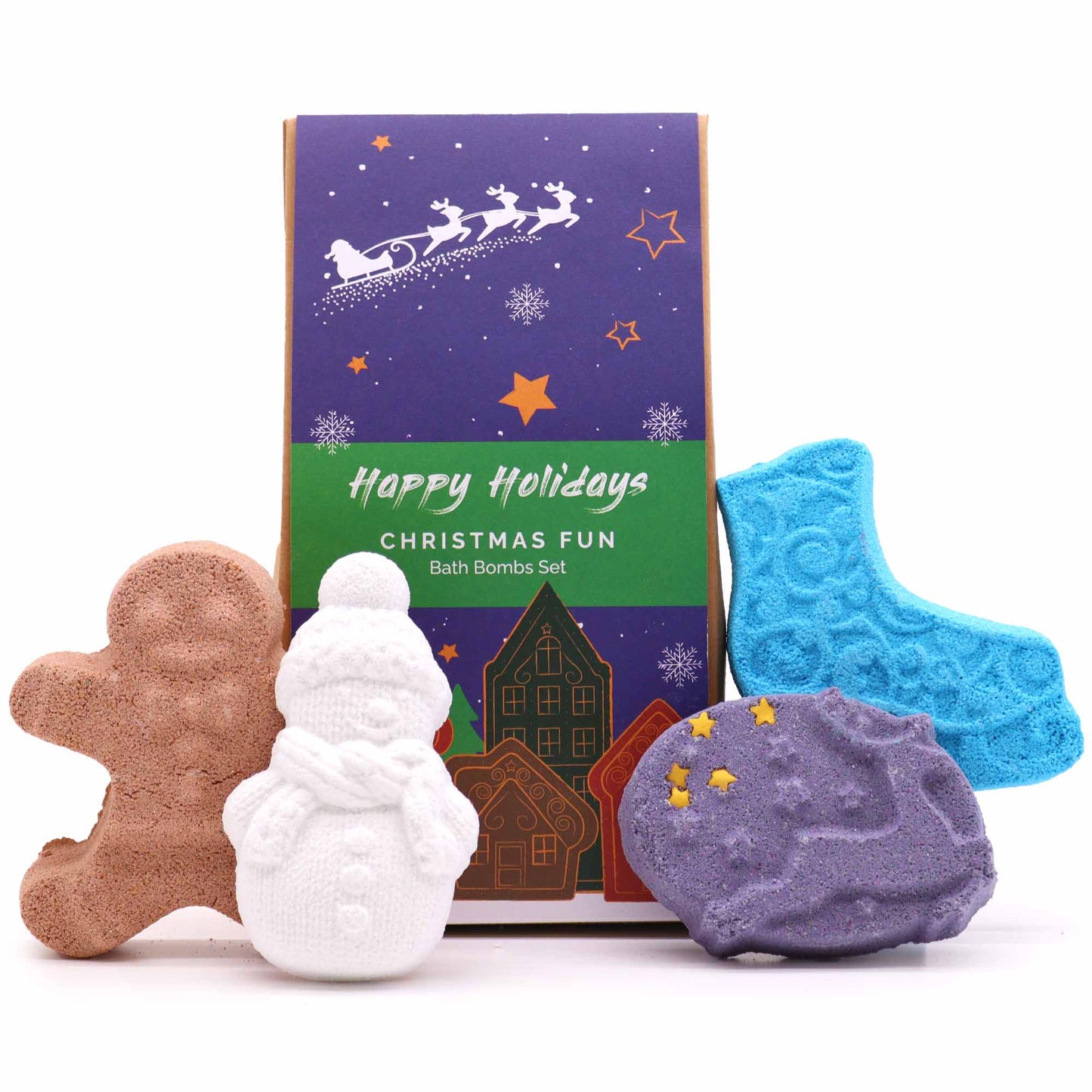 Bath bombs are shaped like a gingerbread man, snowman, boot, and star-speckled stone in front of a festive box. The box reads: "Happy Holidays Christmas Fun Bath Bombs Set."