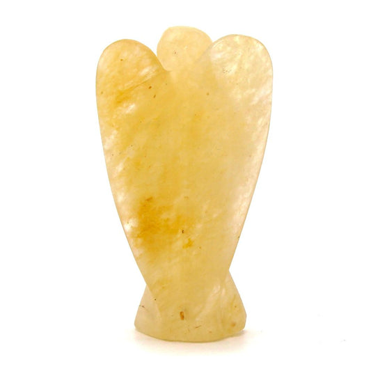 A translucent yellow carved-stone angel figurine sits upright, illuminated against a stark white backdrop.