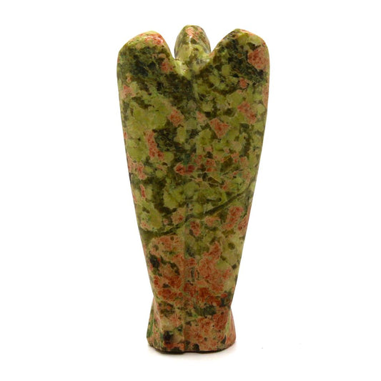 A unakite angel figurine stands, its green and red speckled surface creating a mottled effect on its simplistic, stylized form against a white background.