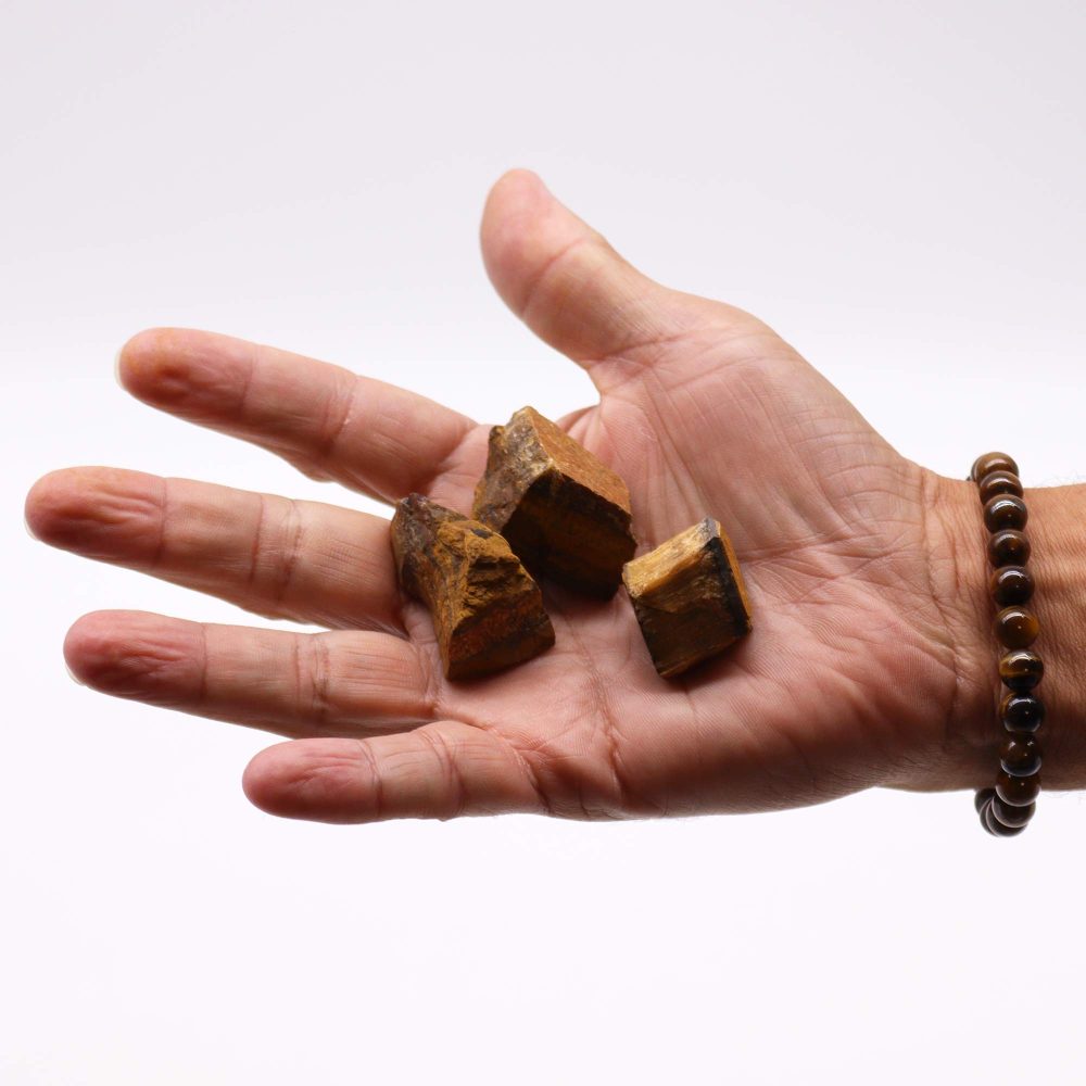 A hand holds four rough tiger's eye stones. The hand is light-skinned and wears a brown beaded bracelet. The background is plain white.