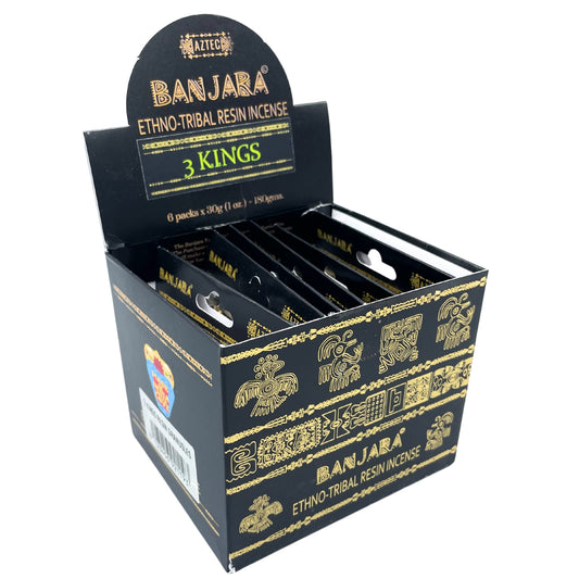 A box holds packets of "Banjara Ethno-Tribal Resin Incense" with decorative gold designs. Text: "3 Kings," "6 packs x 30g (1oz) = 180 grams," and "Aztec" on the flap.