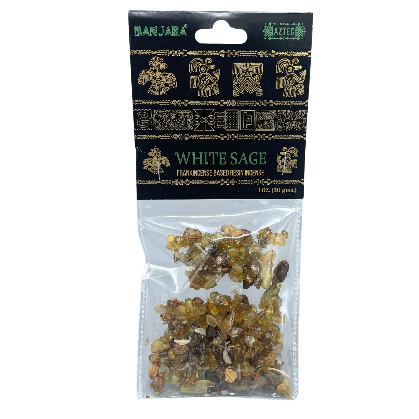 Packaged resin incense labeled "Banjara Aztec White Sage" with "Frankincense Based Resin Incense" underneath. The transparent section reveals golden-brown resin pieces. Decorative Aztec-style motifs adorn the packaging. Contains 1 oz (30 gms).