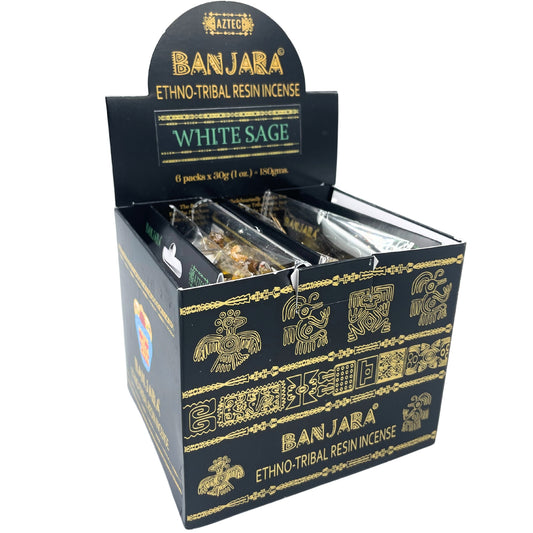 Box containing "Banjara Ethno-Tribal Resin Incense, White Sage" with intricate gold designs. It holds six packs, each 30g (1 oz), totaling 180g. The packaging is visually striking.