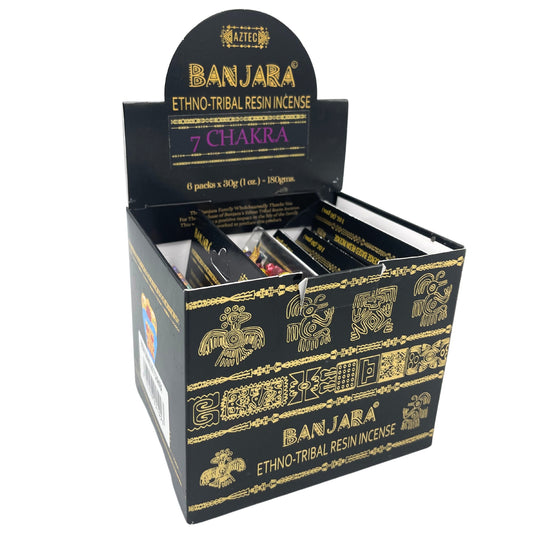Box of Banjara Ethno-Tribal Resin Incense, featuring Aztec-inspired designs. Contains "7 Chakra" incense packs, each 30g, totaling 180g, positioned in an open display package.