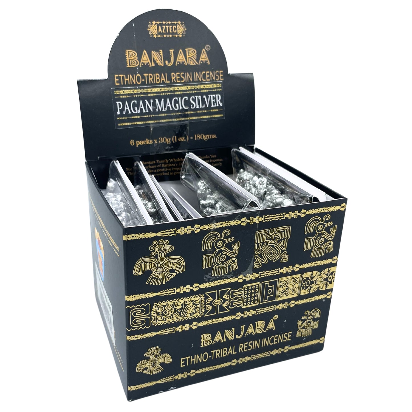 Incense packaging labeled "BANJARA ETHNO-TRIBAL RESIN INCENSE" with "PAGAN MAGIC SILVER." Contains six 30g packs of resin incense, decorated with tribal and Aztec patterns on a black box.
