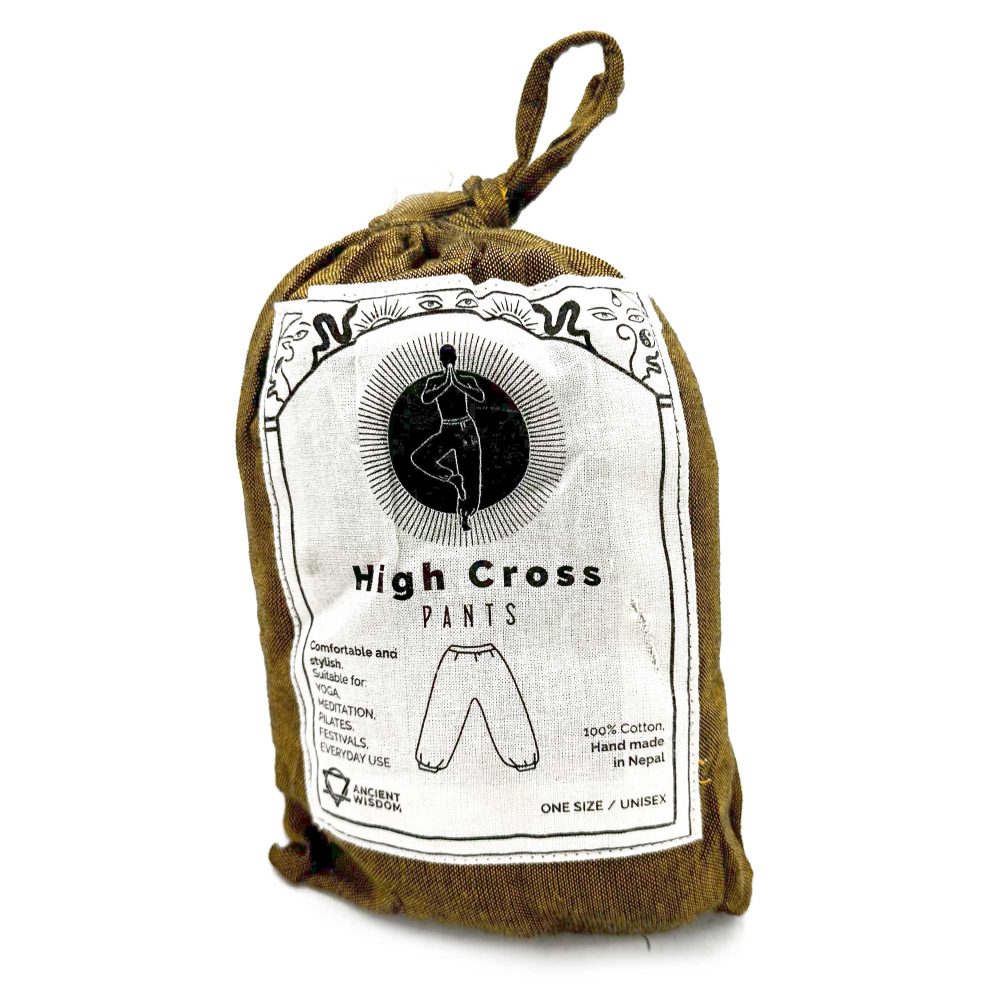 A brown fabric bag contains a pair of unisex pants; the bag is labeled "High Cross Pants," detailing material, origin, and suggested uses.