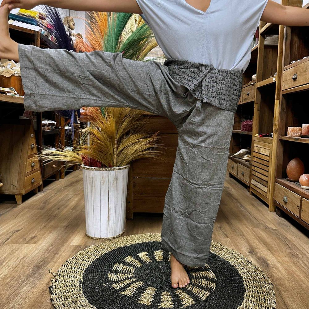 Men's Thai Fisherman Pants – Samurai Style, Grey With Black Art, 100% Cotton, One Size Adjustable Waist