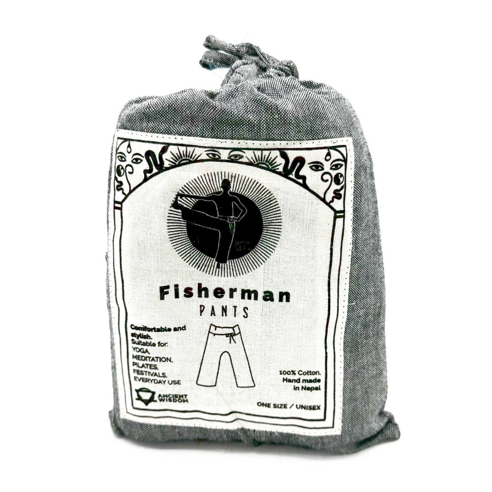 A gray cloth bag containing Fisherman Pants, rests on a white background. The bag’s label displays an illustration of pants and details regarding their material, origin, and uses.