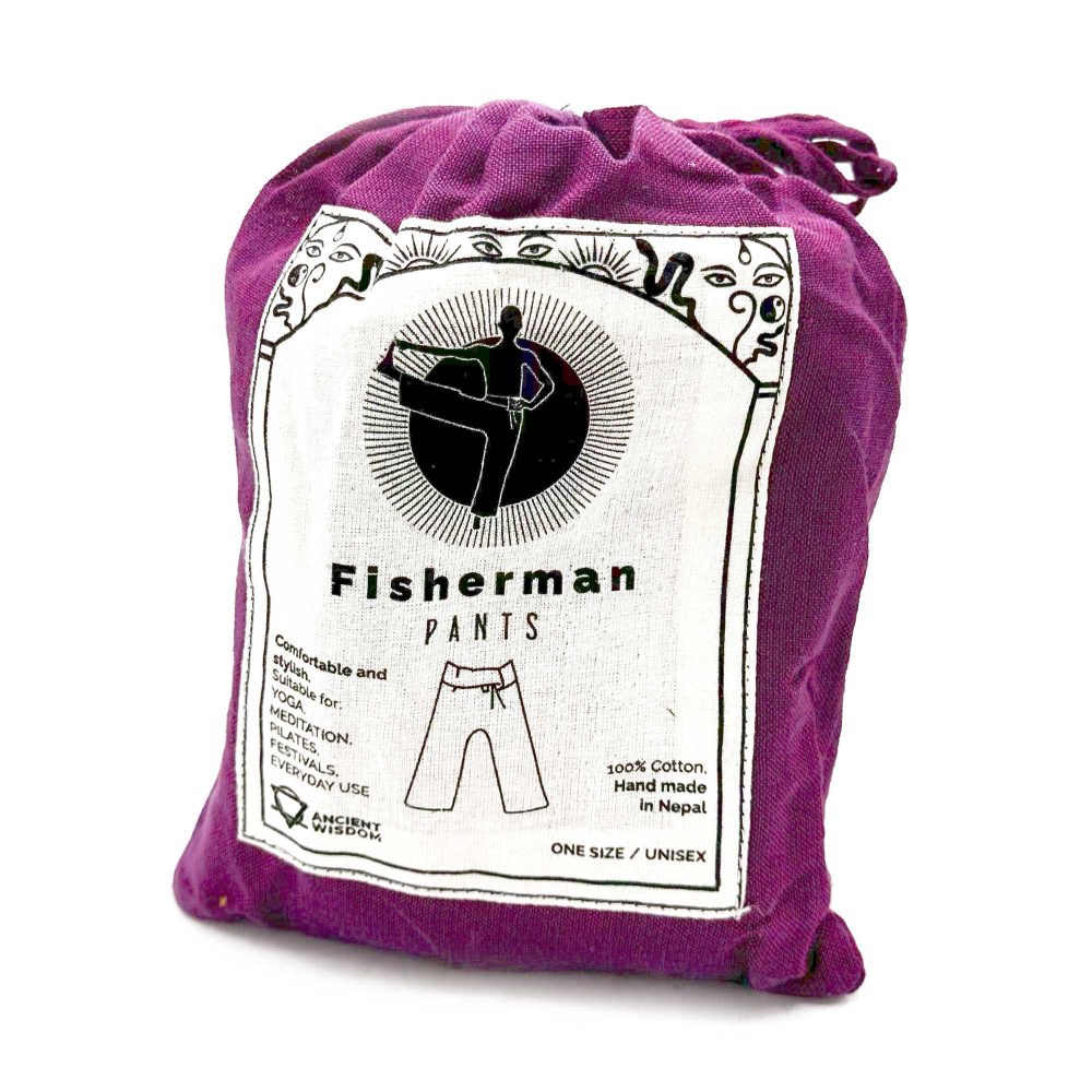 A purple drawstring bag contains a pair of Fisherman pants; the label describes them as comfortable, stylish, and suitable for yoga, meditation, and more; they are made of 100% cotton in Nepal.