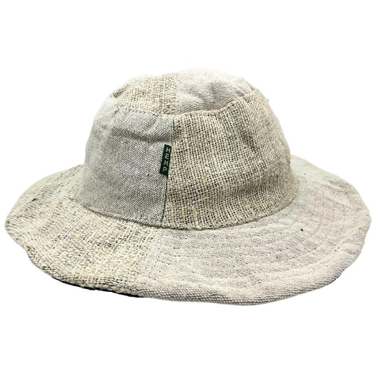 Patched and wired hemp and cotton boho festival hat – natural colour, handmade unisex eco headwear UK.
